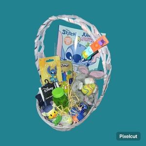 Disney Blue Stitch Easter Gift Basket with Plush Bunny and Toys